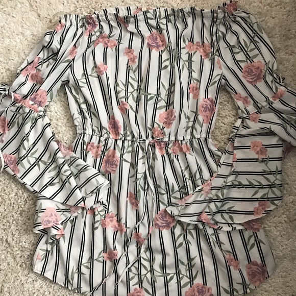 Off the Shoulder Striped Floral Dress Shirt - Picture 1 of 1